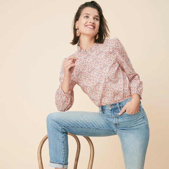 J. Crew AR568 Long-sleeve ruffleneck top Liberty Phoebe floral popover XS 0 2 - Picture 1 of 16
